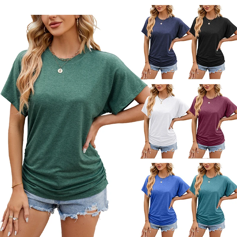 

2024 Women's Top New Fashion Summer Solid Color Round Neck Loose Short Sleeve Shirt Casual Pullover T Shirt