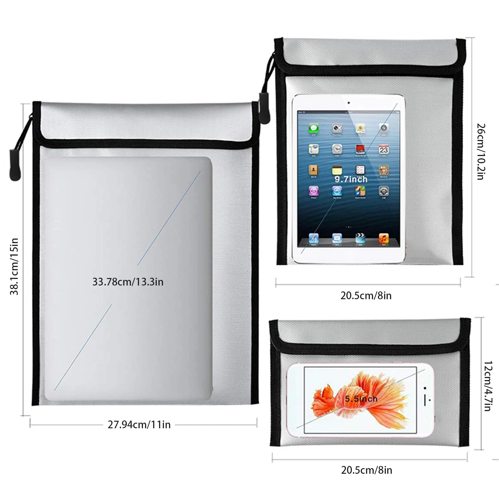 3 Pack Safe Upgraded Zipper Bags Fireproof Waterproof Money Document Bag Files Cards Passport Valuables Storage Pouch Home