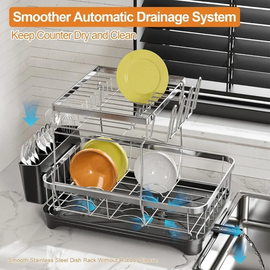 Dish Drying Rack Kitchen 2Tier 304 Stainless Steel Dish Racks for Kitchen CounterDish Strainer with Adjustable Draining Tray Dr