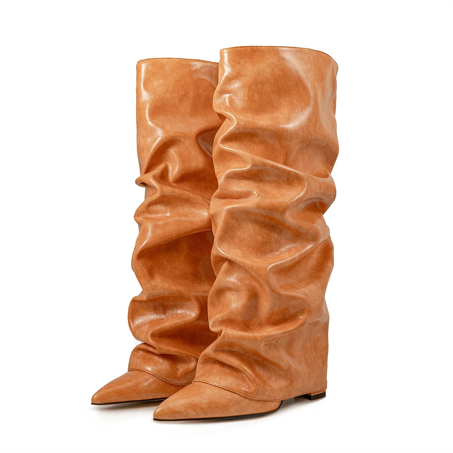 European and American Fashion Wedge Retro Sheepskin Pattern Sleeve Knee High Pleated Boots for Women's Sexy Leopard Print Boots