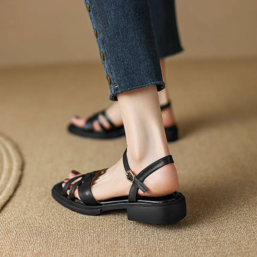 QUTAA Women Sandals Summer Party Wedding Casual Pumps Slingback Fashion Low Heel Genuine Leather Shoes Woman Size 34-43
