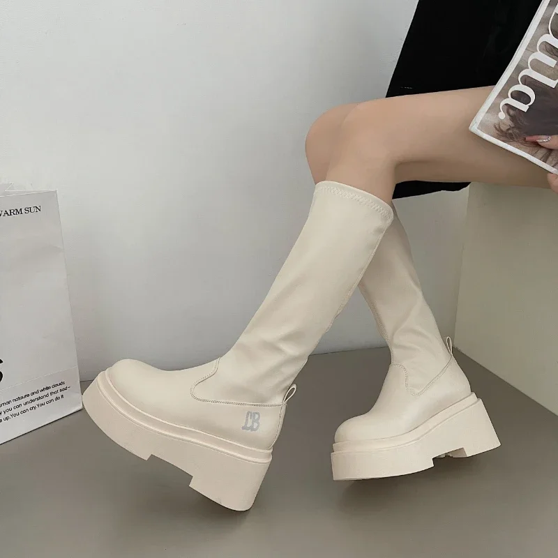 

2024 Winter Warm New Sleeve Mid-Calf Boots Thick Bottom Slope with High Boots Pu Leather Knight Platform Boots Botines Mujer
