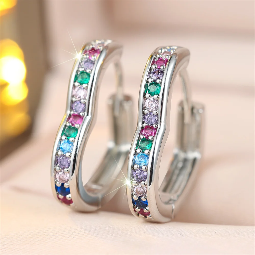Simple Fashion Rainbow Zircon Love Heart Hoop Earrings For Women Vintage Gold Silver Color Ear Buckle Wedding Party Jewelry Gift