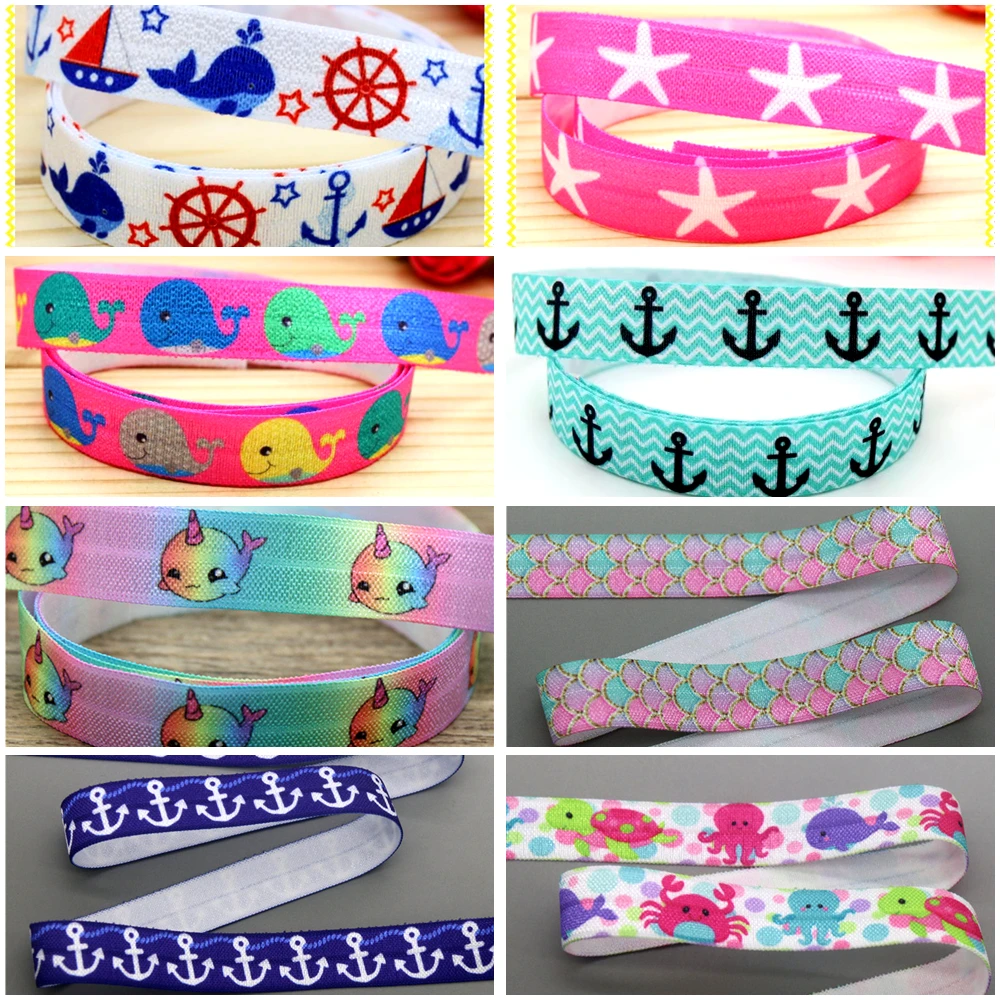 Ribbon Supplies 5/8'' 5yards Navy Anchor Fish Scale Whale Sea Animals Summer Printed Fold Elastic FOE Stretch Ribbon Headband DIY C1718 ribbon decoration,ribbon supplies