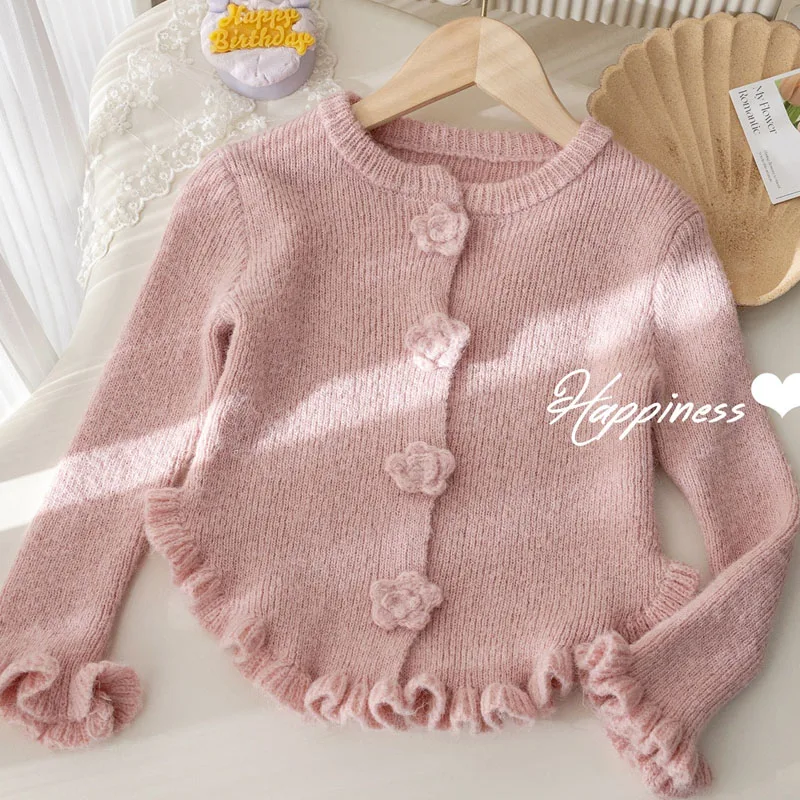 2025 여아 가을 겨울 니트 스웨터 가디건 단색 긴팔 상의 레이스 풀오버 712세 아동복