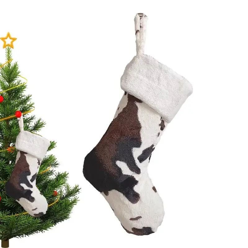 

Christmas Stockings Fireplace 20-inch Christmas Gift Cow Print Stockings Christmas Stocking Gift Bag Stocking Decor With Lanyard