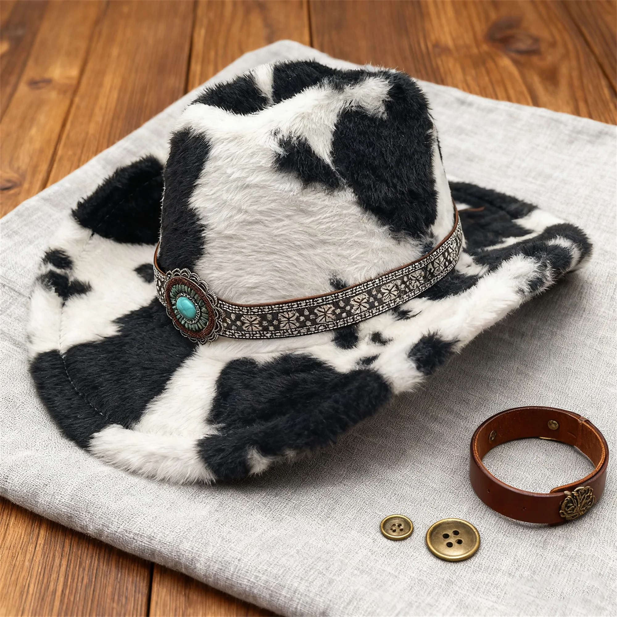 Ethnic Style Cow Print Cowboy Hat for Women and Men Fuzzy Western Cap for Outdoor Parties and Events Unique Design
