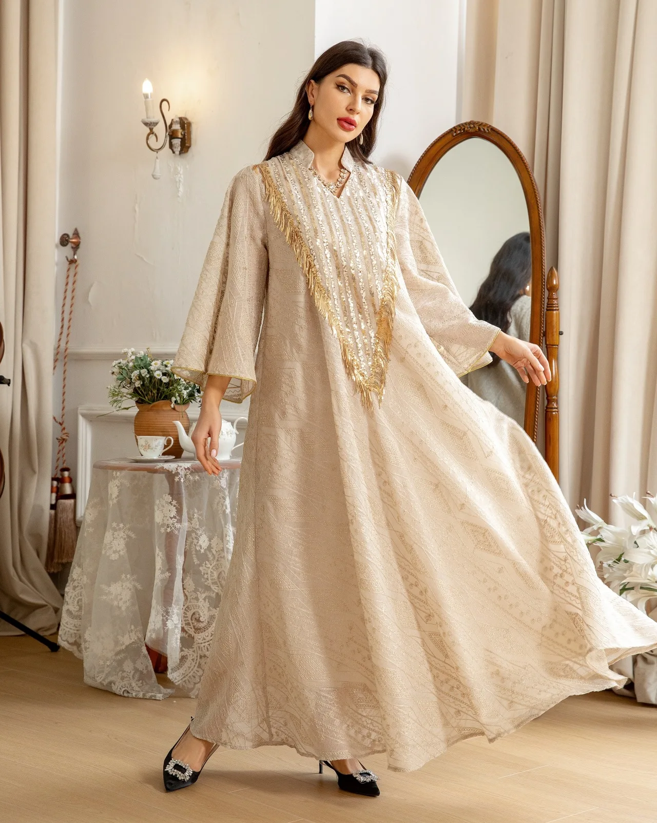 Arabische Dubai Mesh Pailletten Stickerei Abend Robe für Frauen Jalabiyat muslimische türkische lässige lose Langarm Kleidung – Detail 8