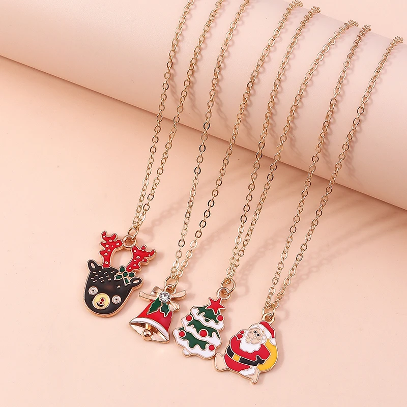 Leslie 4-teiliges Weihnachts-Halsketten-Set, Emaille, Weihnachtsmann, Glocke, Schneeflocke, Hirschbaum, Anhänger, Halskette für Frauen, Neujahrsgeschenk – Detail 18