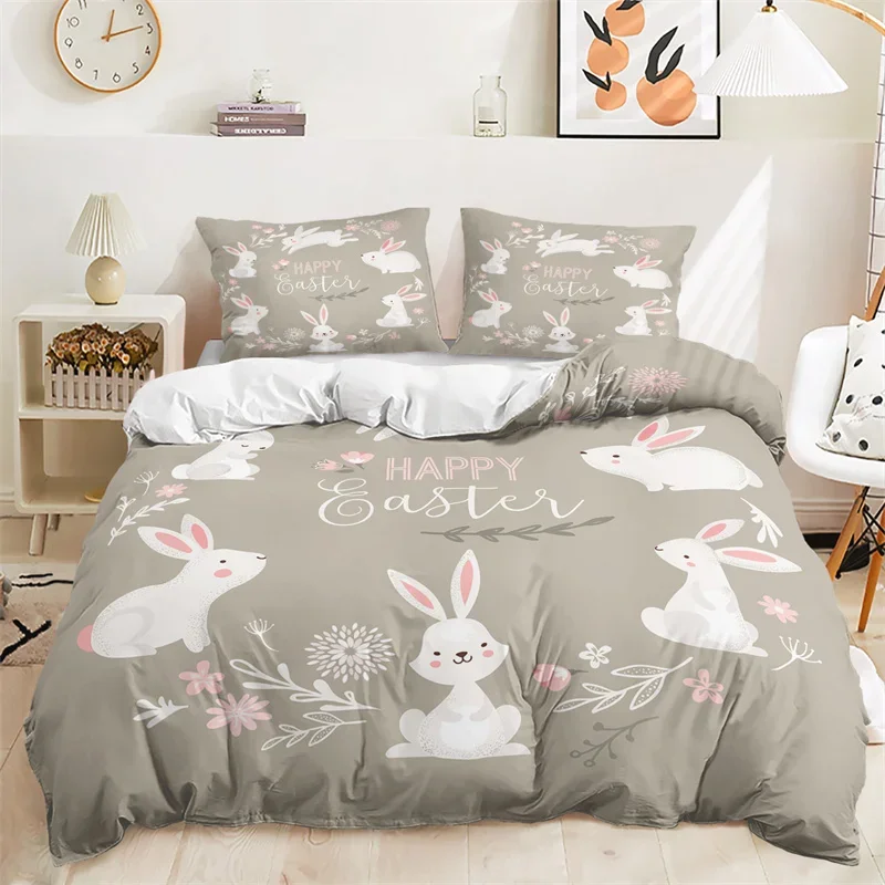 

Cartoon Rabbit Duvet Cover Easter Bedding Set Animals Pattern Festival Celebrate Comforter Cover Set Twin For Girl Nursery Child