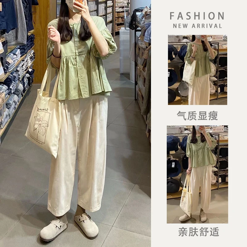 Korean Style Maternity Clothes Set Loose Casual Half Sleeve Shirts+Cotton Linen Belly Pants Twinset Pregnant Woman Trousers Sets