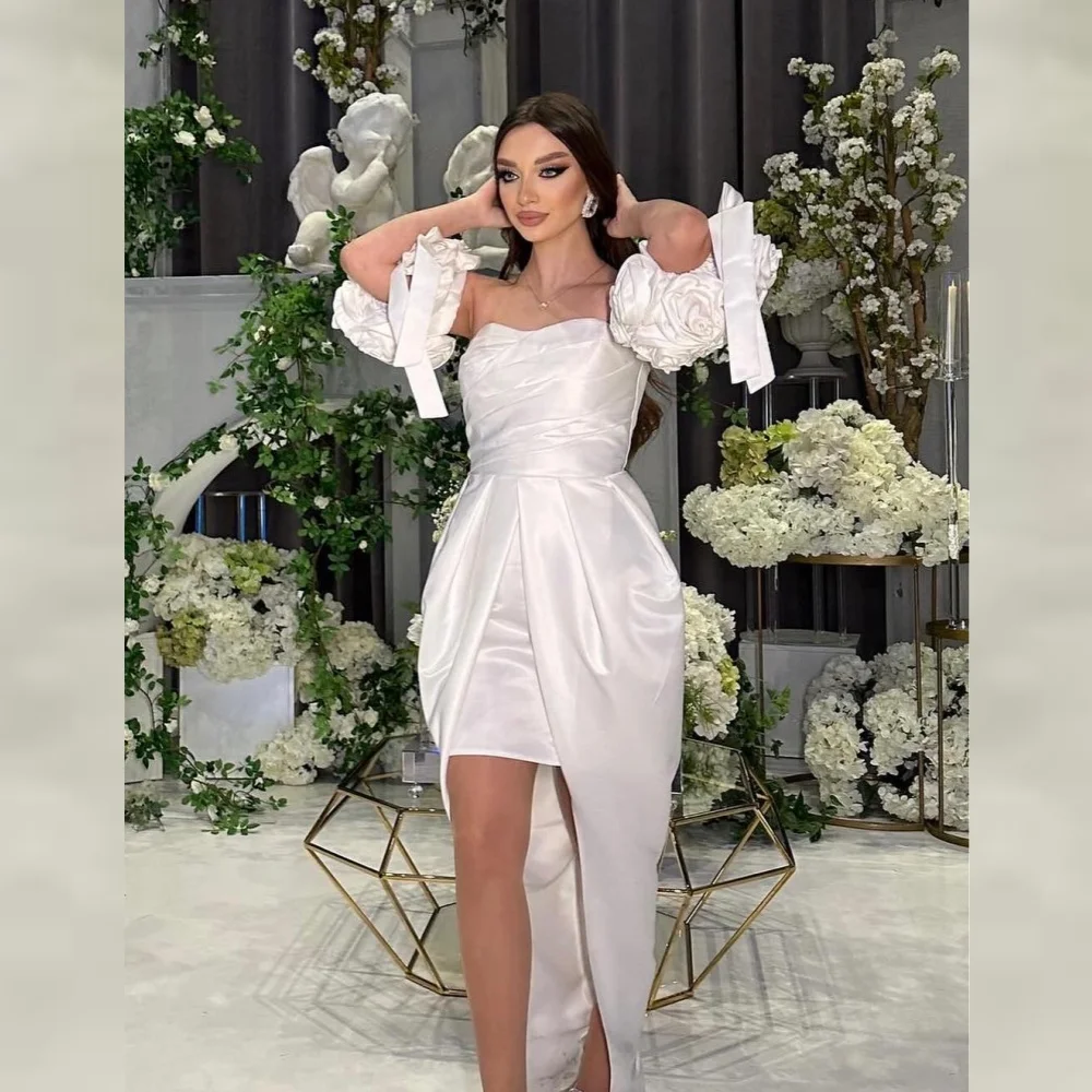 

Prom Dress Evening Saudi Arabia Satin Flower Draped Pleat Birthday A-line Off-the-shoulder Bespoke Occasion Gown Hi-Lo Dresses