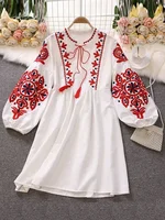 New Spring Autumn Women's Retro Ethnic Embroidered Dress Lantern Sleeves Bohemian Holiday Dress Women Tops GD678