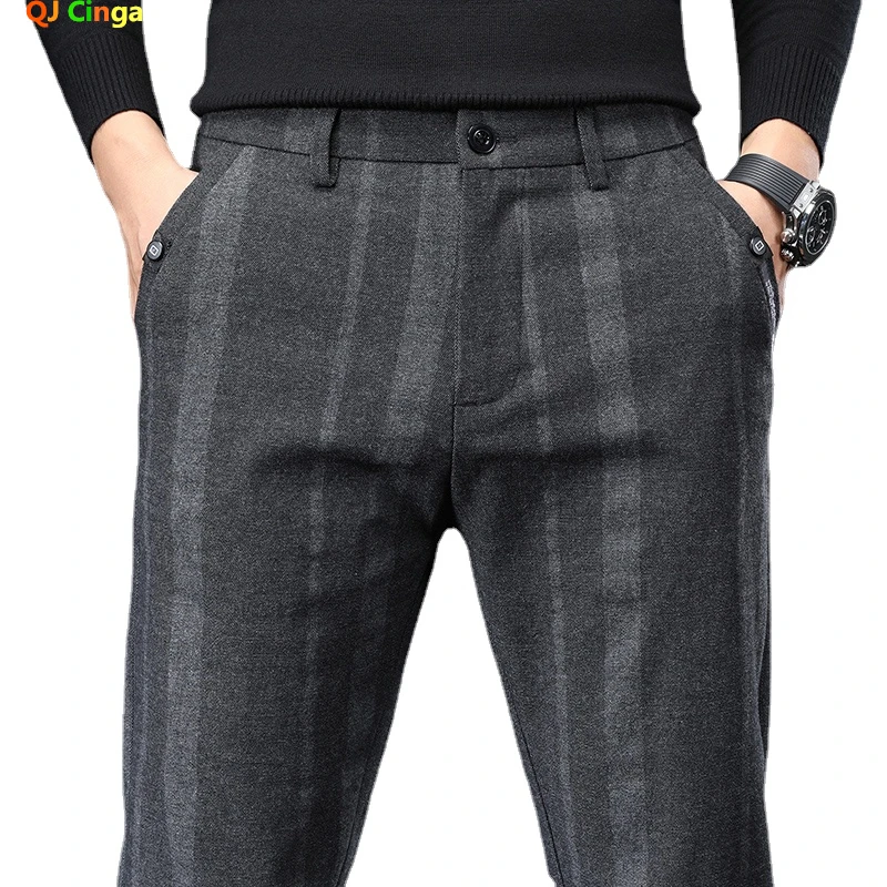 Men Spring / Autumn Grey Vertical Stripe Suit Trousers Business Casual Blue Black Pantalon