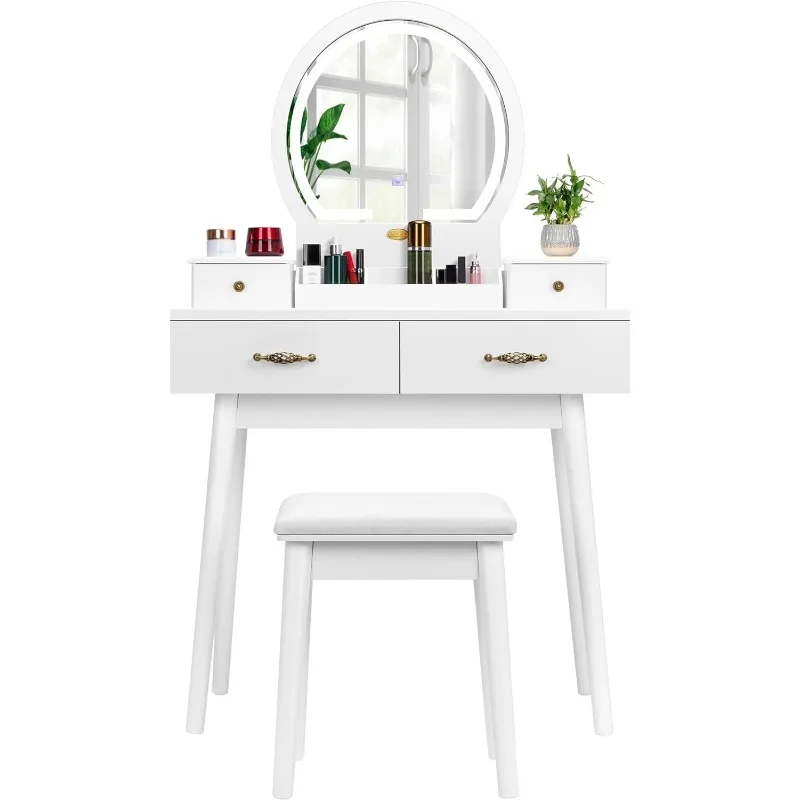 

VIVOHOME Vanity Set with 3-Color Dimmable Lighted Mirror, Makeup Dressing Table with Drawers, Padded Stool, White