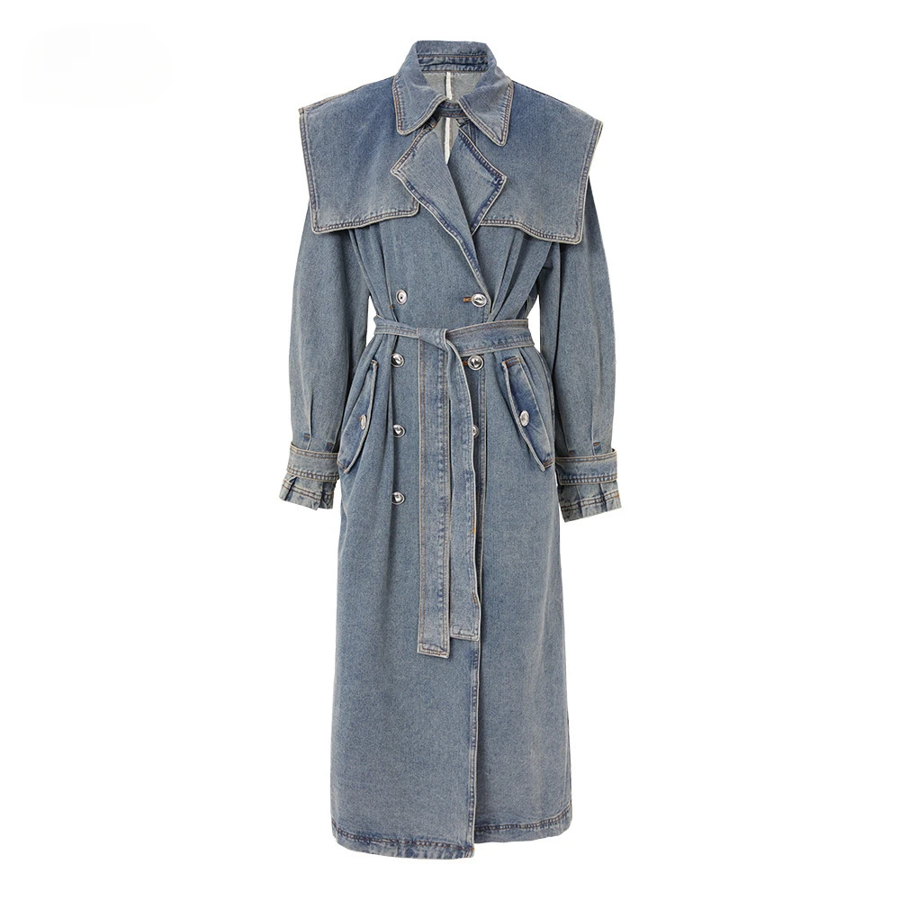 

Denim Coat Women Jeans Trench Coats Turn Down Collar Long Sleeve Autumn Winter Lace Up High Waist Elegant Pocket 2023 Jacket
