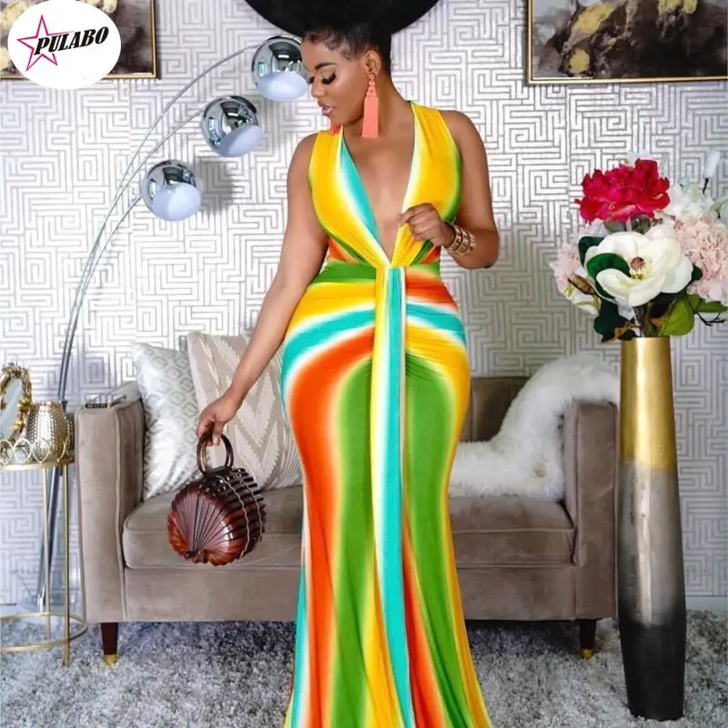 

PULABO Women Summer Vintage Boho Striped Long Maxi Evening Party Beach Dress Backless Strap Sundress Women Clothes Female