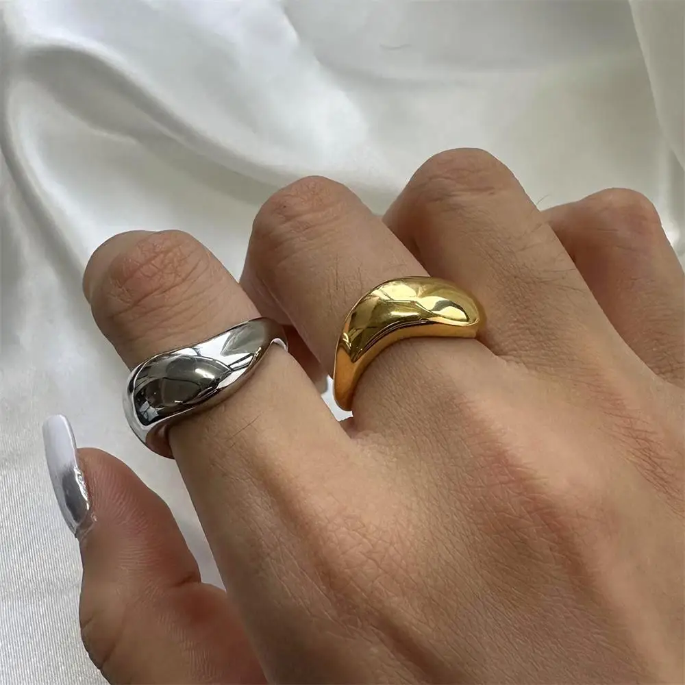 18K Gold Plated Two Tone Wavy Dome Chunky Ring Pack for Women Waterproof Couple Rings Statement Jewelry for Lover Stylish Bijoux