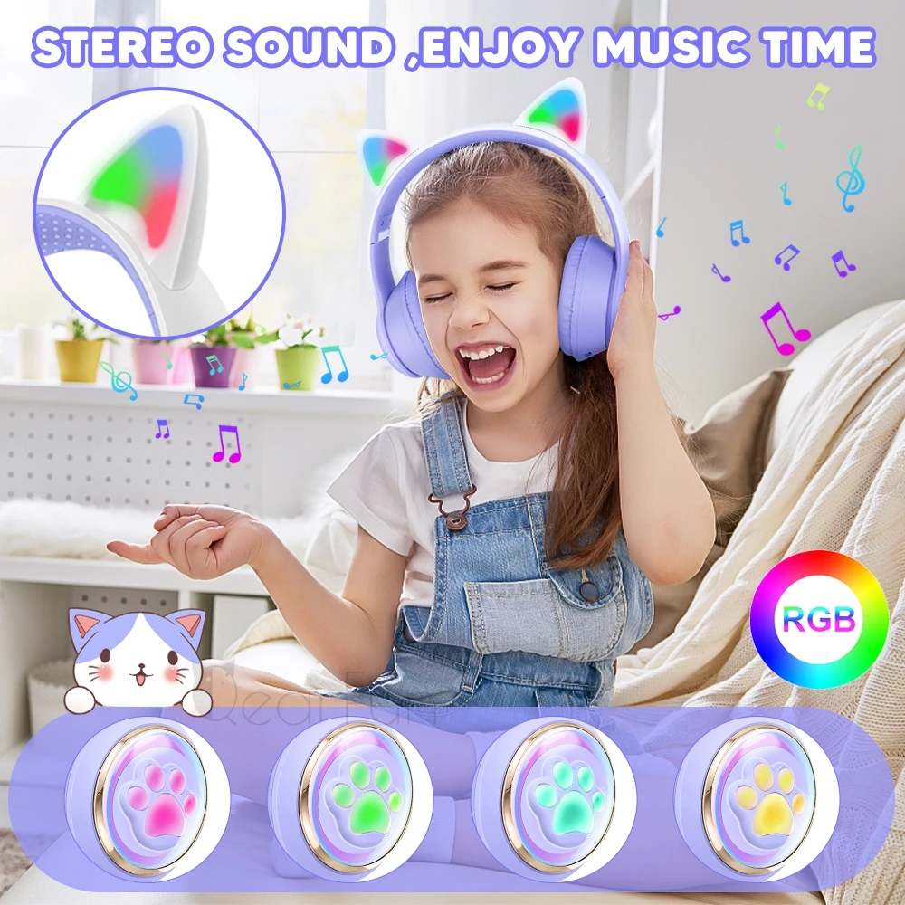 Cute Cat Wireless Headphones com microfone para crianças, RGB, dobrável, estéreo, headset de música, iPhone, iPad, presentes de mesa, meninas