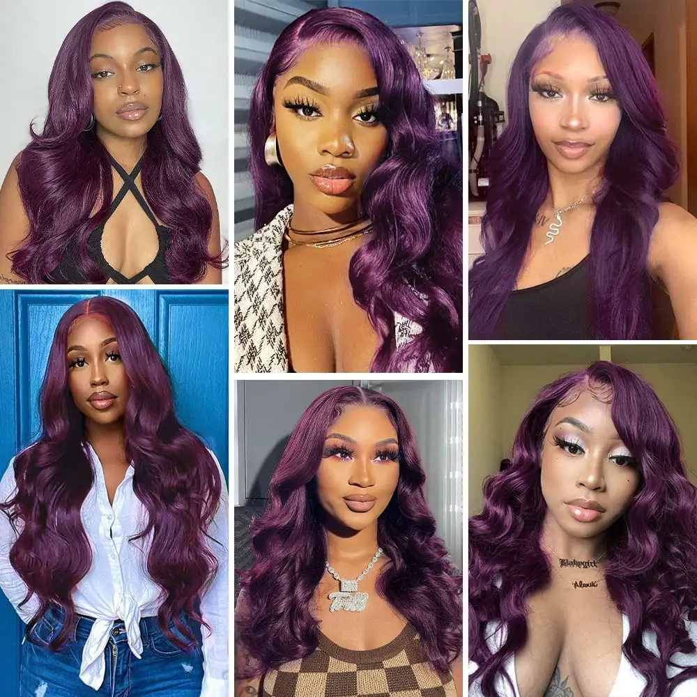 200% Density 13X6 Dark Purple Colored Body Wave Lace Front Wigs Pre Plucked Glueless 13x4 Long Wavy Lace Frontal Wigs For Women 5