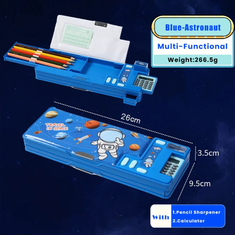 Dual-Sided Fun Mechanism Plastic Pencil Case with Built-In Calculator and Sharpener