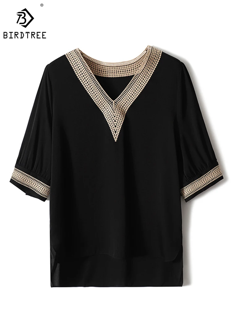 

Birdtree 19MM 92%Mulberry Silk Double Qiao Summer Black Chiffon Shirt V-Neck Short Sleeve Embroidered Women's Shirt T38510FD