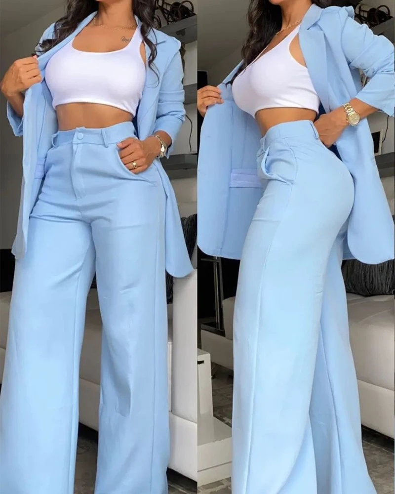 

New Sets for Women 2 Pieces Notched Collar Blazer Coat & Pocket Design Pants Set Solid Color Elegant and Casual Female Clothing