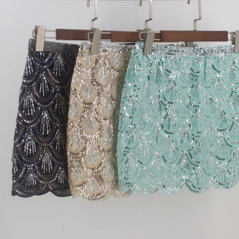 

Fashionable New Celebrity Wavy Side Bag Hip Short Skirt Skirt Heavy Industry Sequin Beaded Skirt Performance Clothing Female