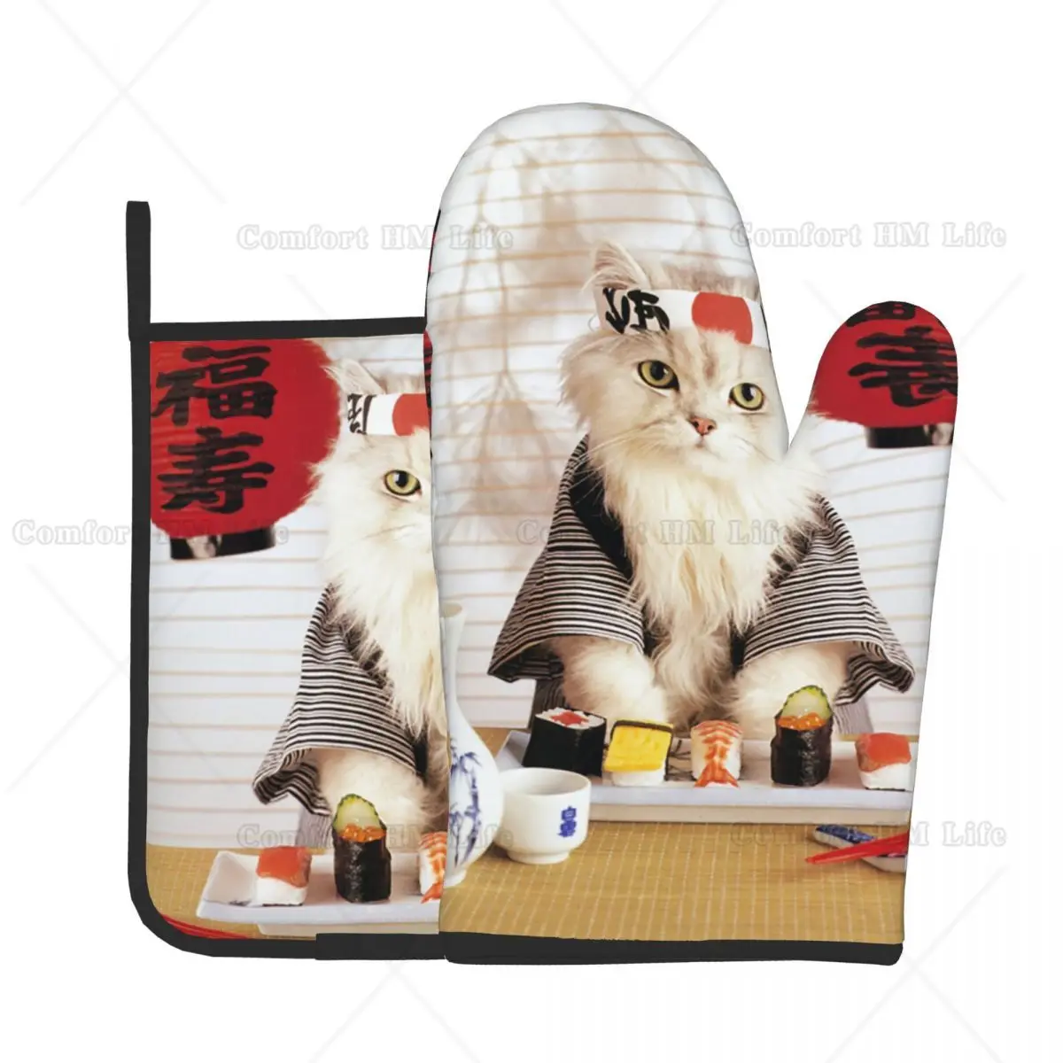 Sushi Cat Japanese Cute Funny Kitten Oven Mitts and Pot Holders Heat Resistant Oven Gloves Safe Cooking Baking Grilling