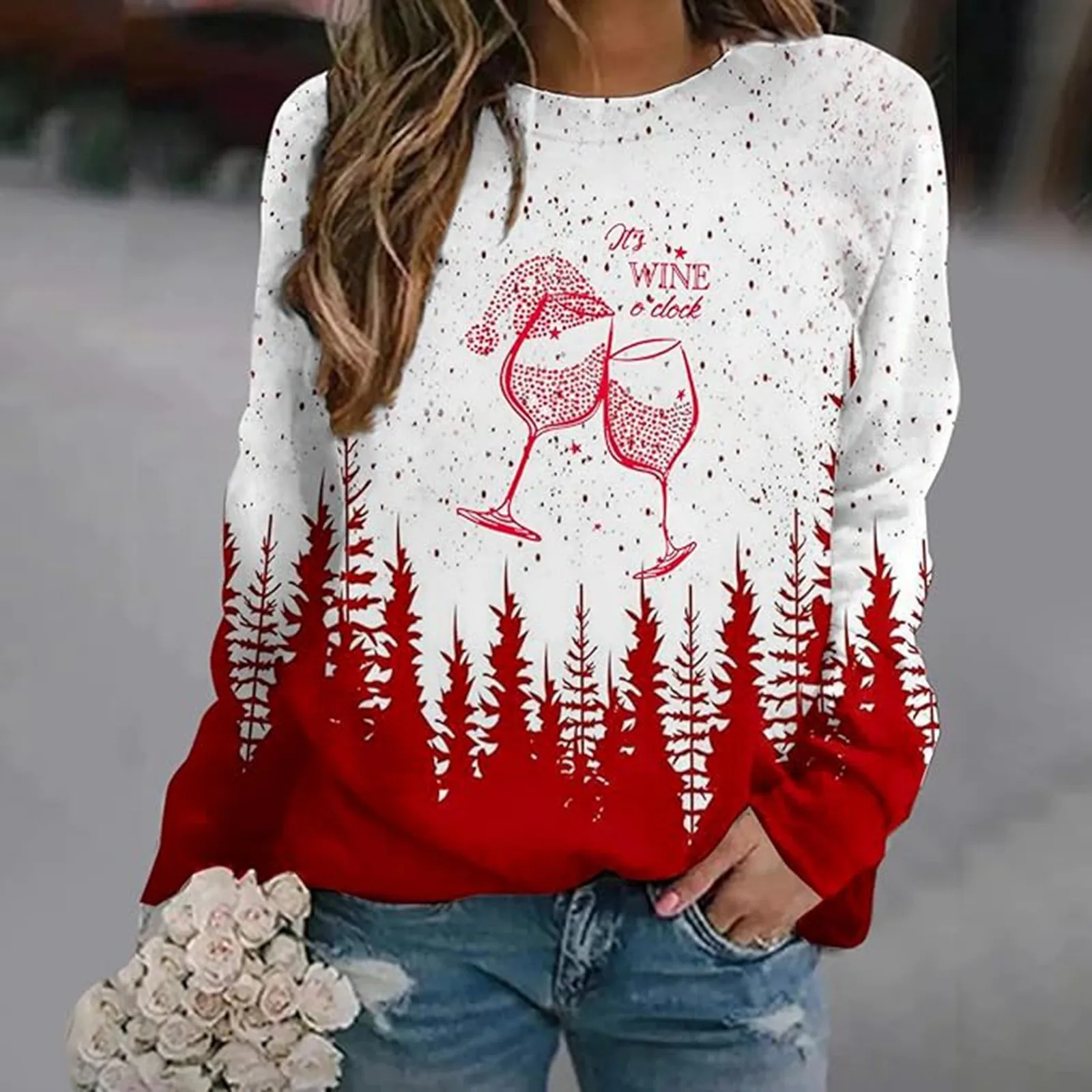 

Women Christmas Graphic Pullover Fashion Wine Glass Loose Long Sleeve Tops Hoodies Women Sweatshirt Blusas Para Mujer Sudaderas