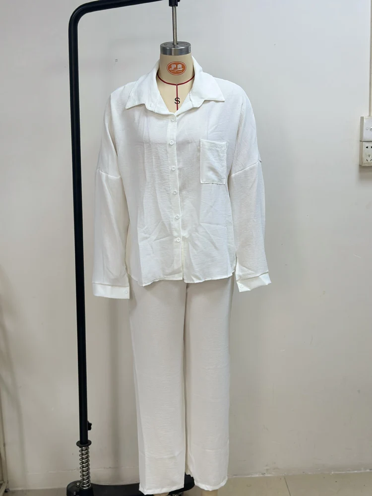 Autumn Winter Women Blouse and Wide Leg Trousers Set