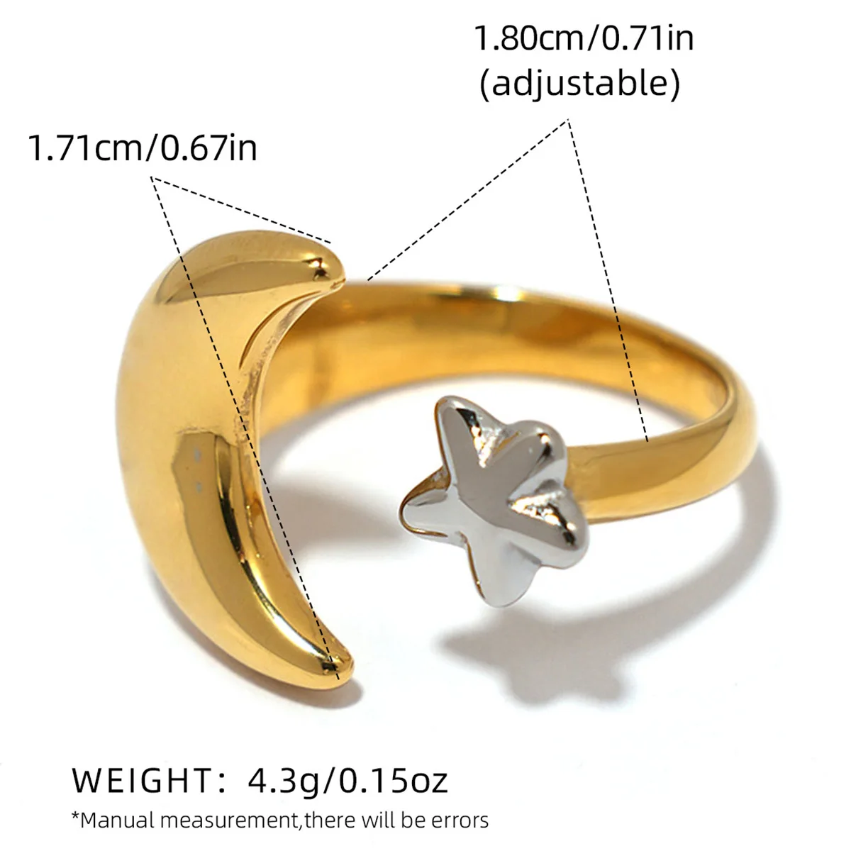 Selbst minimalistischer zweifarbiger Stern-Mond-Ring, 18 Karat vergoldet, Edelstahl, Universum-Ring, Damenschmuck, Party-Geschenk – Detail 2