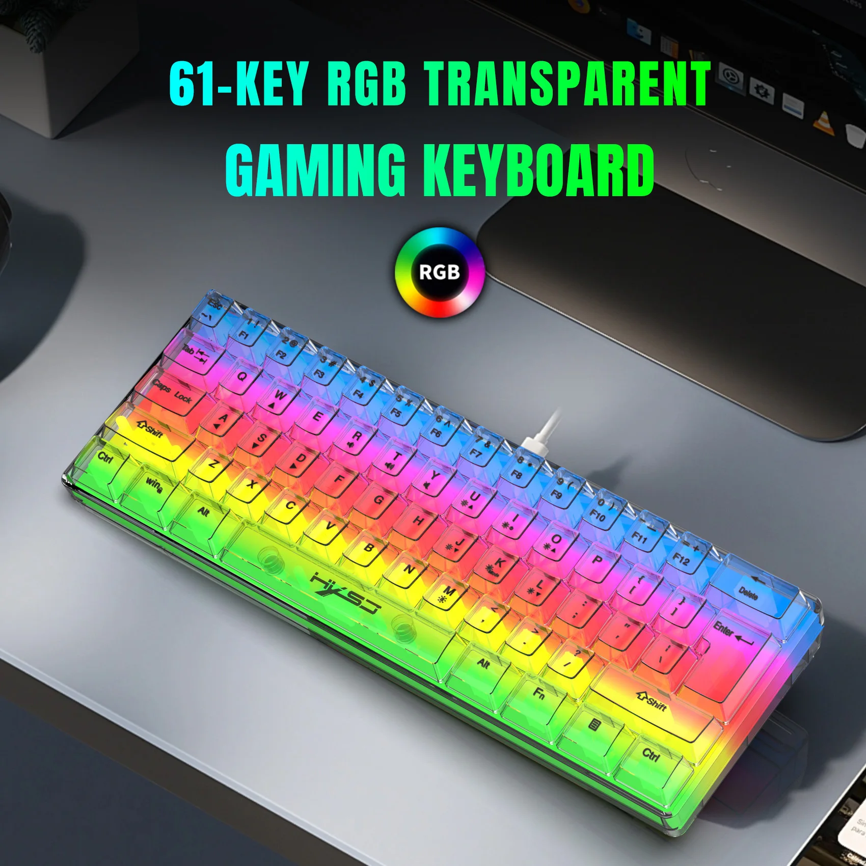 

Проводная игровая клавиатура HXSJ V700TM 60%, ультракомпактная маленькая клавиатура с RGB-подсветкой, компактная мини-клавиатура с 61 клавишами, прозрачный цвет