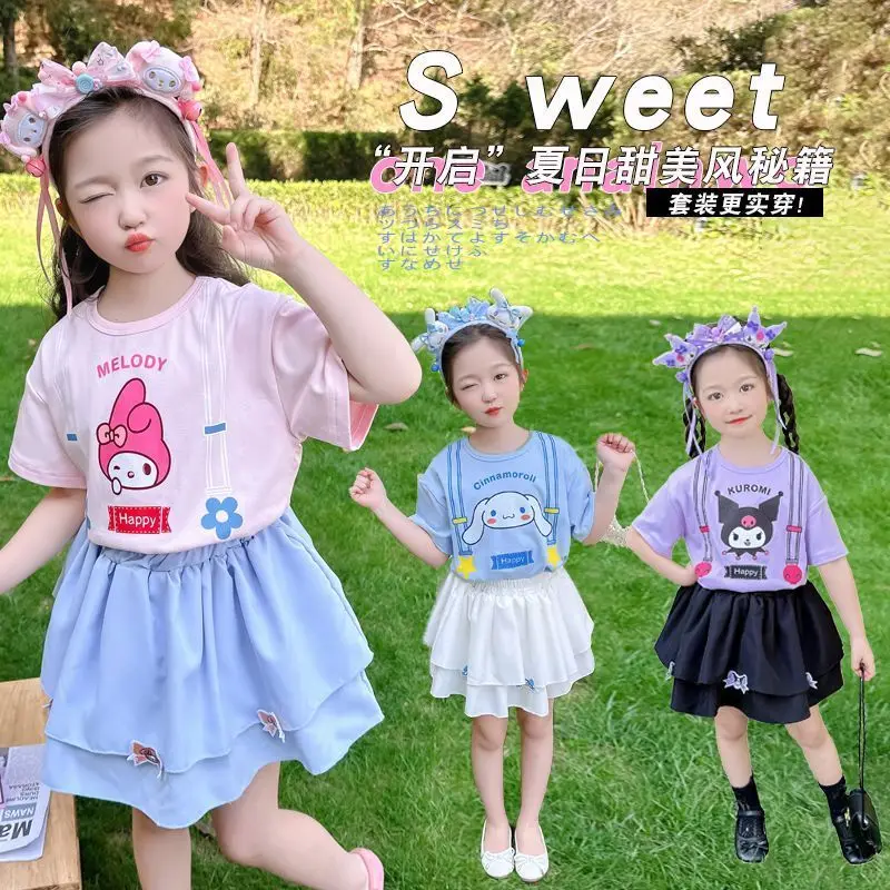 Sanrio Kuromi 마이 멜로디 걸스 반팔 반바지 정장 여름 Cinnamoroll 슬링 조끼 바지 투피스 세트 아동 의류