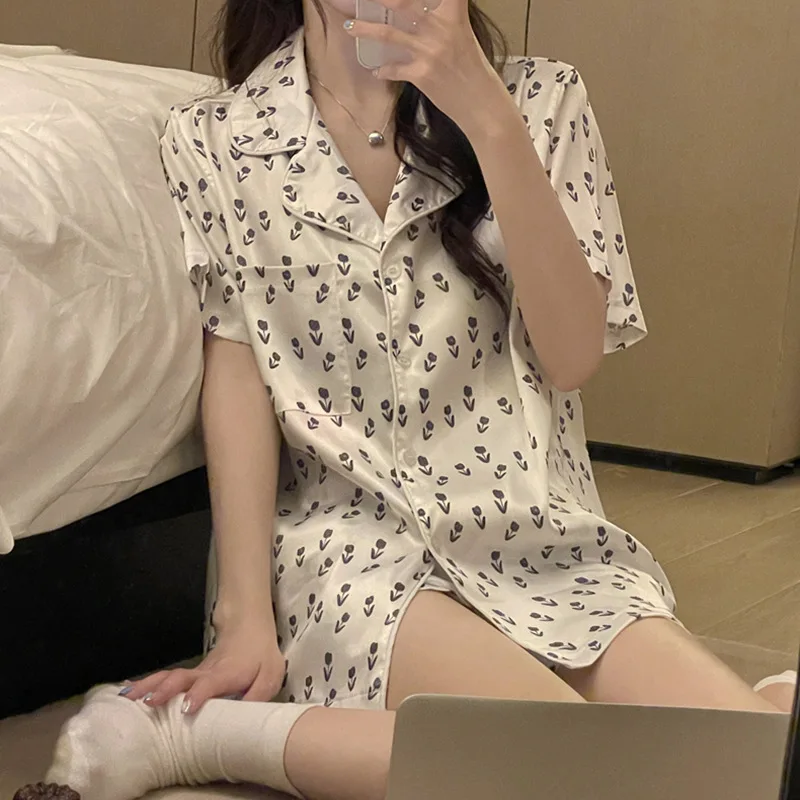 Women Pajamas Set Print Pijama Faux Silk Satin Pyjama Female Sleepwear Short Sleeve Shirt Pants Suits Homewear Nightwear