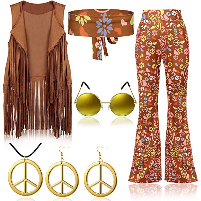 thumbnail image 1 of Disfraz de discoteca Hippie de los años 70 para mujer, conjunto de accesorios Hippie con borlas de amor de la paz para niñas indias, regalo de fiesta de Carnaval de Halloween, 1 of 3