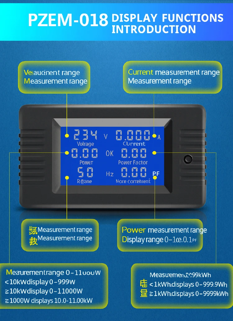 PZEM-022 English Ver. AC Digital Multi-Functional Power Monitor LCD Display AC 8