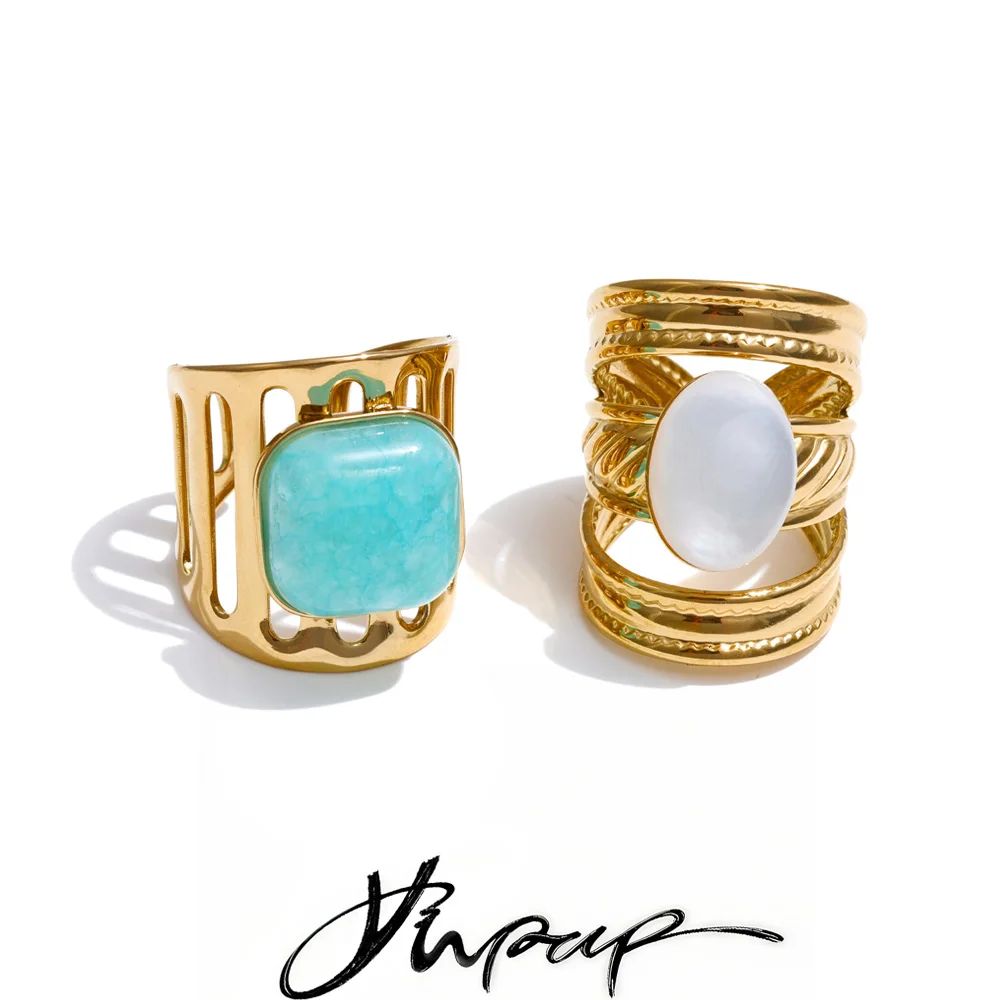 Yhpup Natural Amazonite Ring for Women 18K Golden Plated Stainless Steel