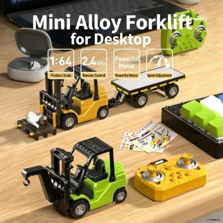 1:64 미니 원격 제어 합금 굴삭기 트럭 포크리프트 트레일러 작업대 포함 블루투스 2.4GHz RC 자동차 어린이 장난감 휴일 선물