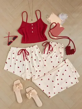 Women's Heart Pattern 3-Piece Sleepwear Pajama Set with Long Pants, Shorts & Tank Top for Nightwear Loungewear 2