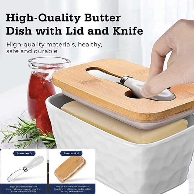 New Ceramic Butter Box Cheese Storage Sealing Dish Tray With Wood