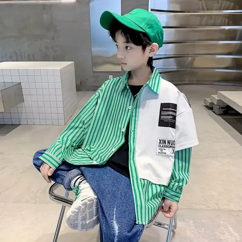 Children's Loose-Fit Striped Shirt Long Sleeve Autumn Collection Vest Trendy Jacket For Boys Spring Autumn