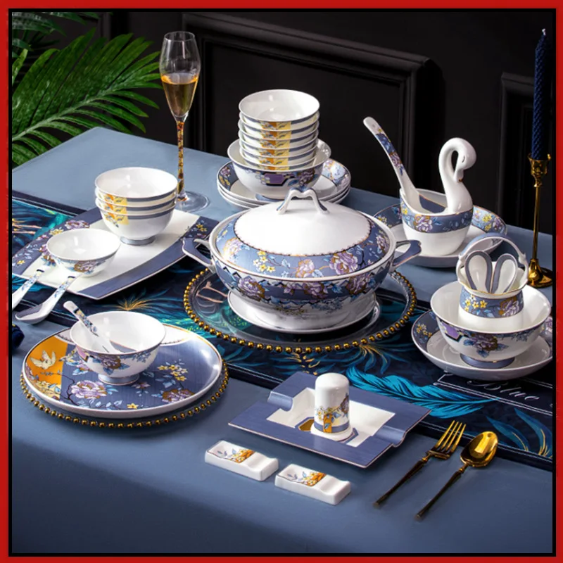 

Household Bowl Dishes Set Jingdezhen Enamel Tableware Chinese Bowl Plate Bone China Hotel Table Setting Gift
