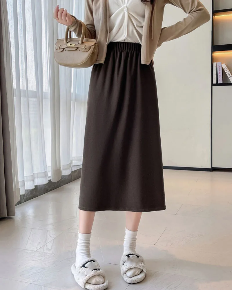 2025 neue Herbst frauen Mid-Kalb Röcke Vintage Elastische Taille Gestrickte Gerade Bleistift Rock Elegante Split Paket Hüften röcke – Detail 13