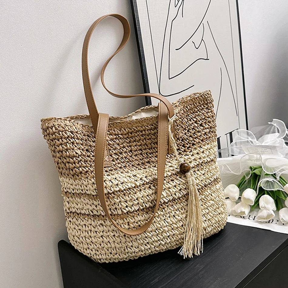 

Women's Bag Vintage Beach Bags Luxury Designer Straw Handbag Casual Handmade Woven Tote Large Capacity Shoulder Bag Shopper Sac