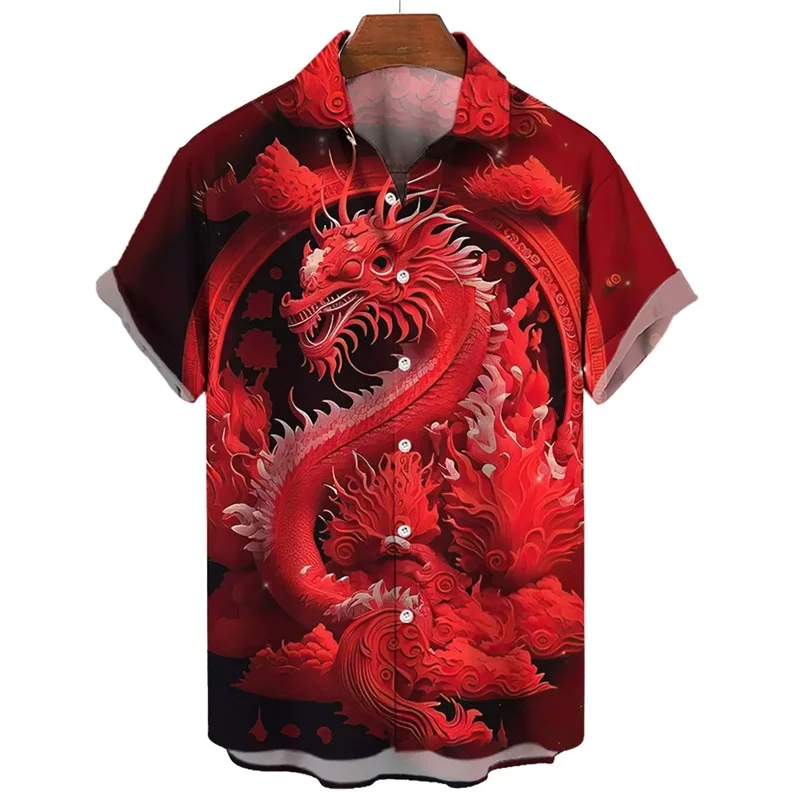 thumbnail image 1 of Camisa de Año Nuevo 2024 para hombre, camisas de manga corta con cuello de solapa a la moda, blusas y camisas con estampado 3D de dragón geniales, 1 of 5