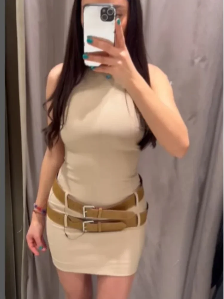 

2024 NEW Women Mini Dress With Double Belt Sexy Slim O Neck Sleeveless Khaki Short Dresses Casual Female High Street Vestidos