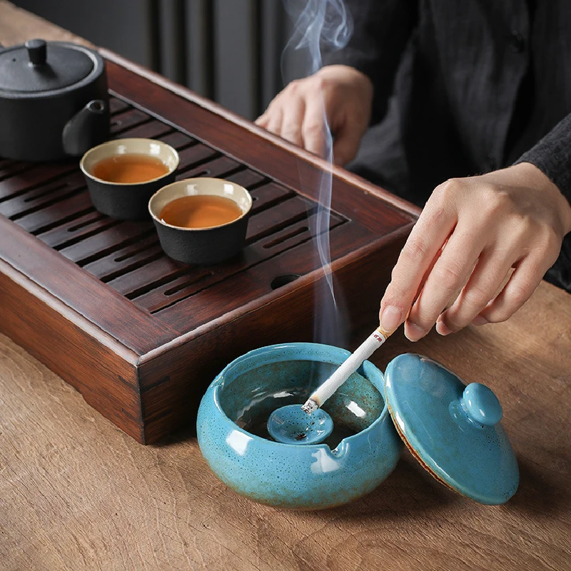 Creative Ceramic Ashtray Round Nordic Ashtray Office Living Room Retro Sealed with Lid Household Anti-fly Ash Cigar Cylinder
