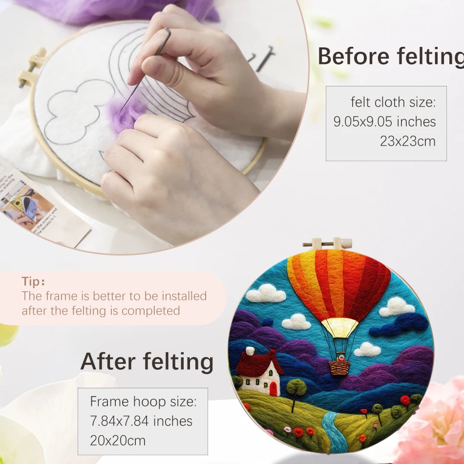 DIY Wool Felting Painting Kit With Frame Handmade Needle Wool Painting Hot Air Balloon For Home Decors Crafts Gift