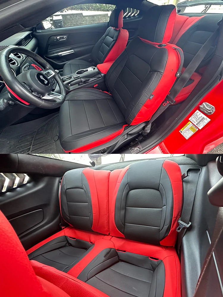 Truck Seat Covers Custom Seat Covers For Ford Mustang 2000-2024 - Full 5-Seat Set, Premium Nappa Leather Style (Black/Red) Sport Seat Cover Set
